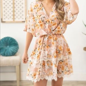 Dusty peach floral tiered lace dress
